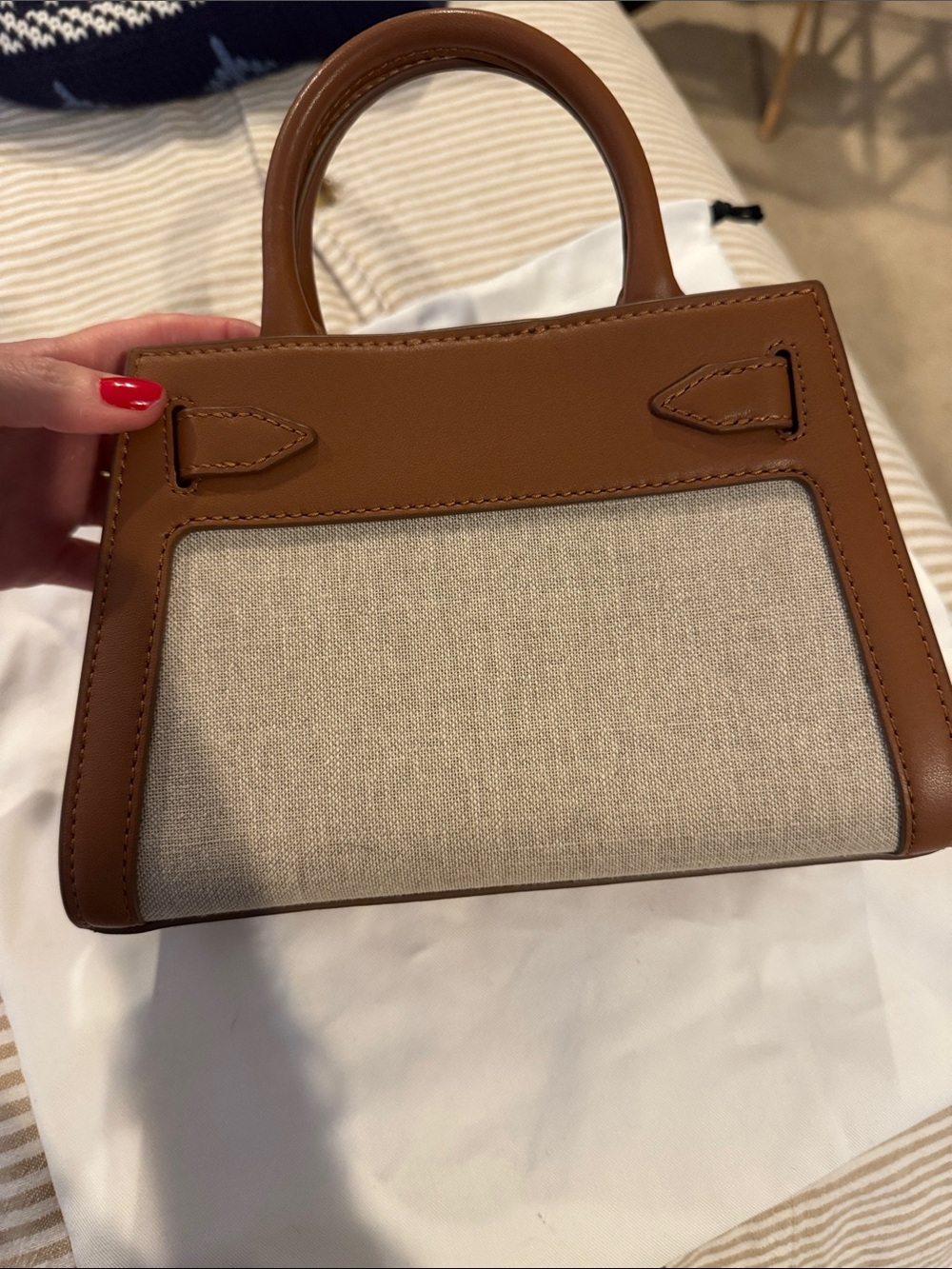 Veronica Beard Tan Leather & Cream Canvas Satchel with Gold Accent - Picture 7 of 10